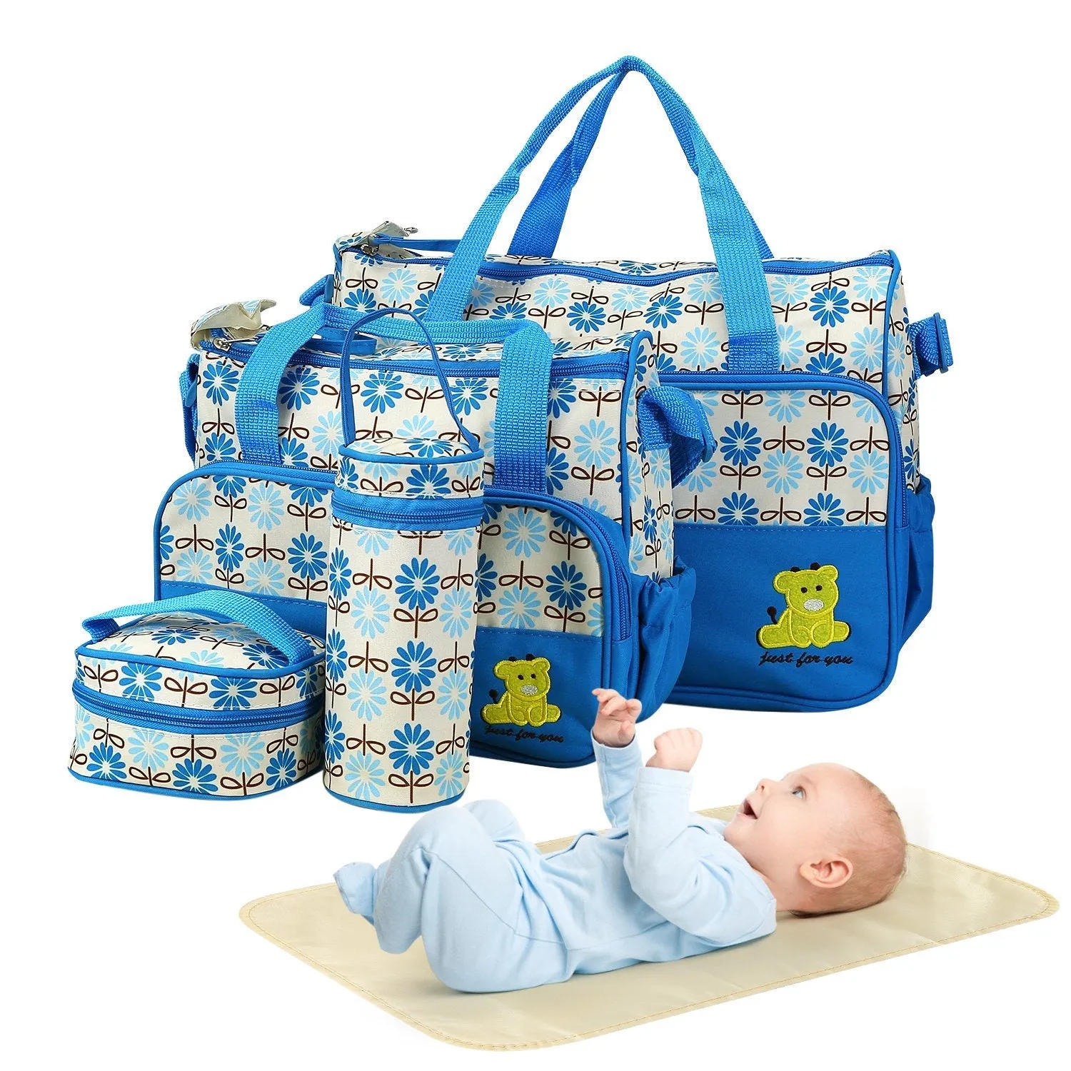 5PCS Baby Nappy Diaper Bags Set Mummy Diaper Shoulder Bags w/ Nappy Changing Pad Insulated Pockets Travel Tote Bags