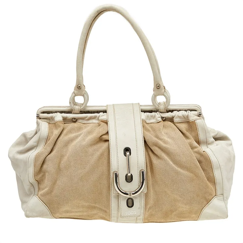 Beige/ Off White Leather And Canvas Satchel