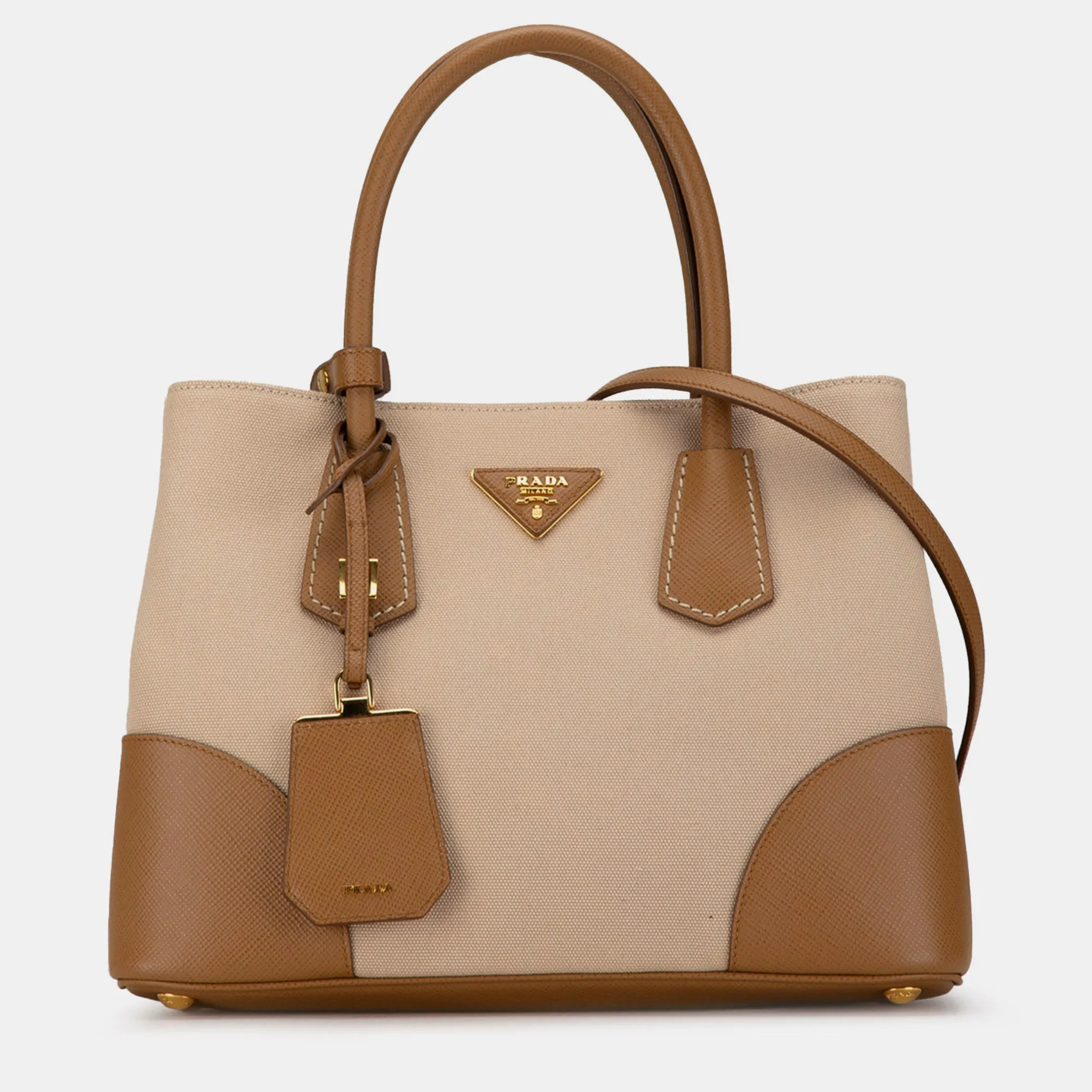 Beige/Brown Canapa and Saffiano Double Satchel Bag