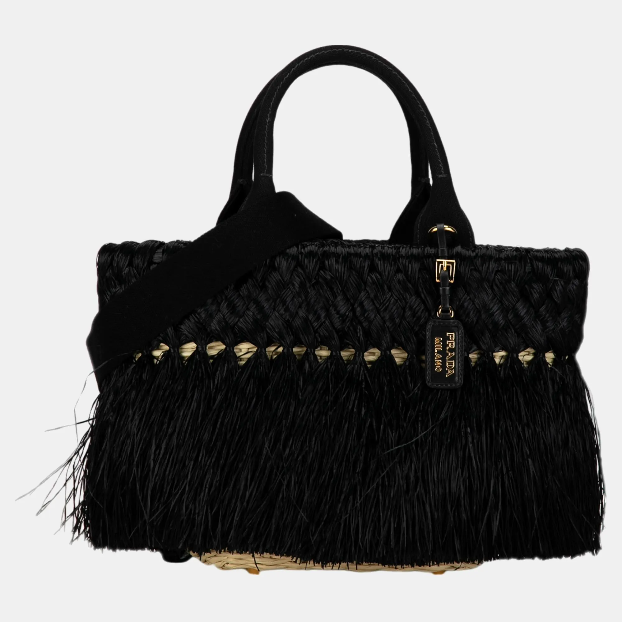 Black Fringed Raffia Satchel