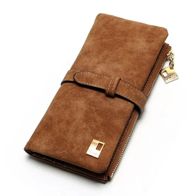 Cheaper!! New Fashion Women Wallets Drawstring Nubuck Leather Zipper Wallet Women&#39;s Long Design Purse Two Fold More Color Clutch