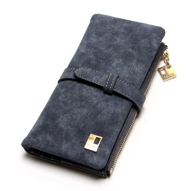 Cheaper!! New Fashion Women Wallets Drawstring Nubuck Leather Zipper Wallet Women&#39;s Long Design Purse Two Fold More Color Clutch