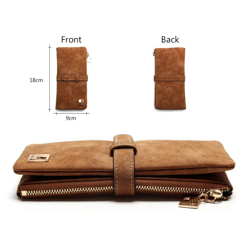 Cheaper!! New Fashion Women Wallets Drawstring Nubuck Leather Zipper Wallet Women&#39;s Long Design Purse Two Fold More Color Clutch