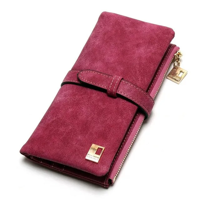 Cheaper!! New Fashion Women Wallets Drawstring Nubuck Leather Zipper Wallet Women&#39;s Long Design Purse Two Fold More Color Clutch