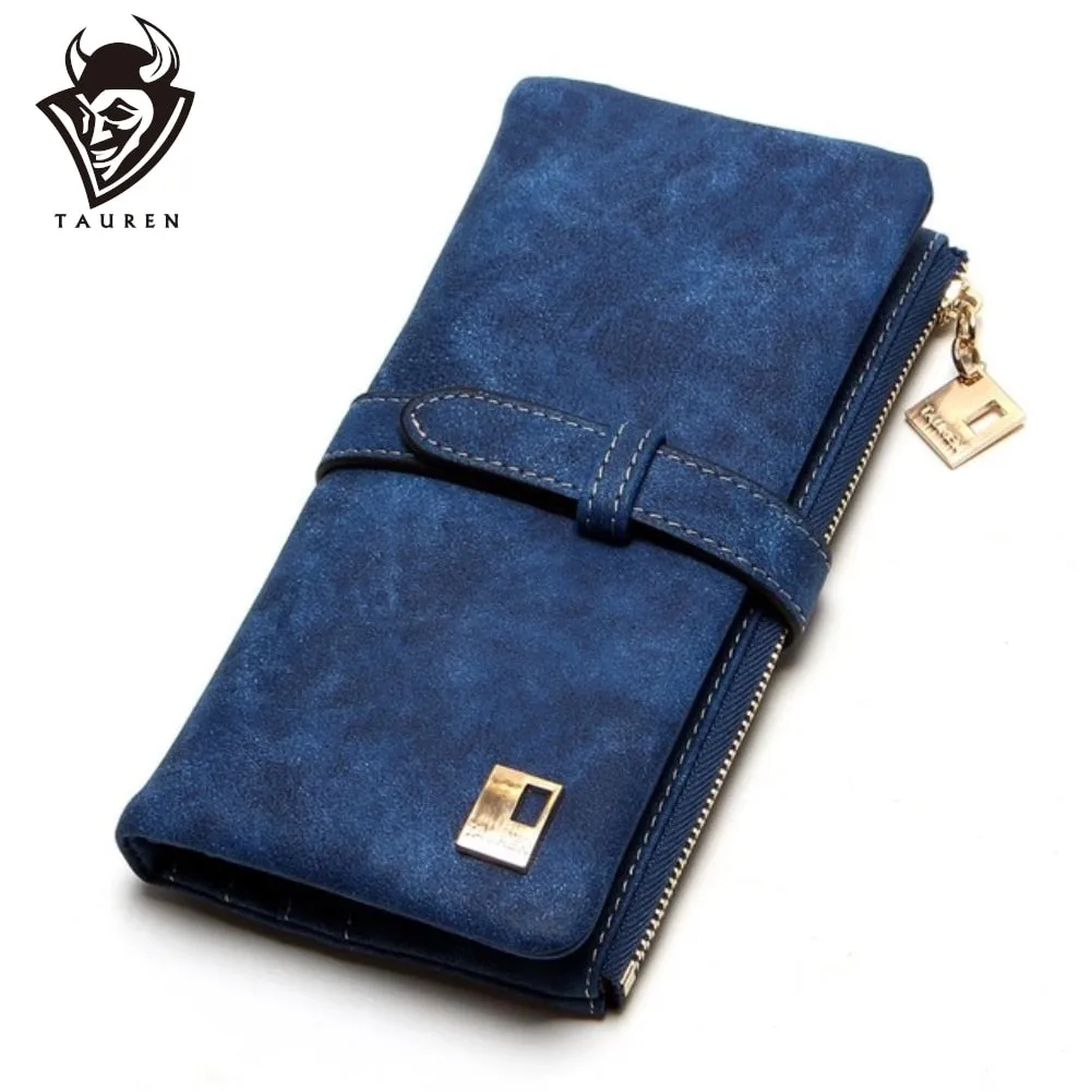 Cheaper!! New Fashion Women Wallets Drawstring Nubuck Leather Zipper Wallet Women&#39;s Long Design Purse Two Fold More Color Clutch