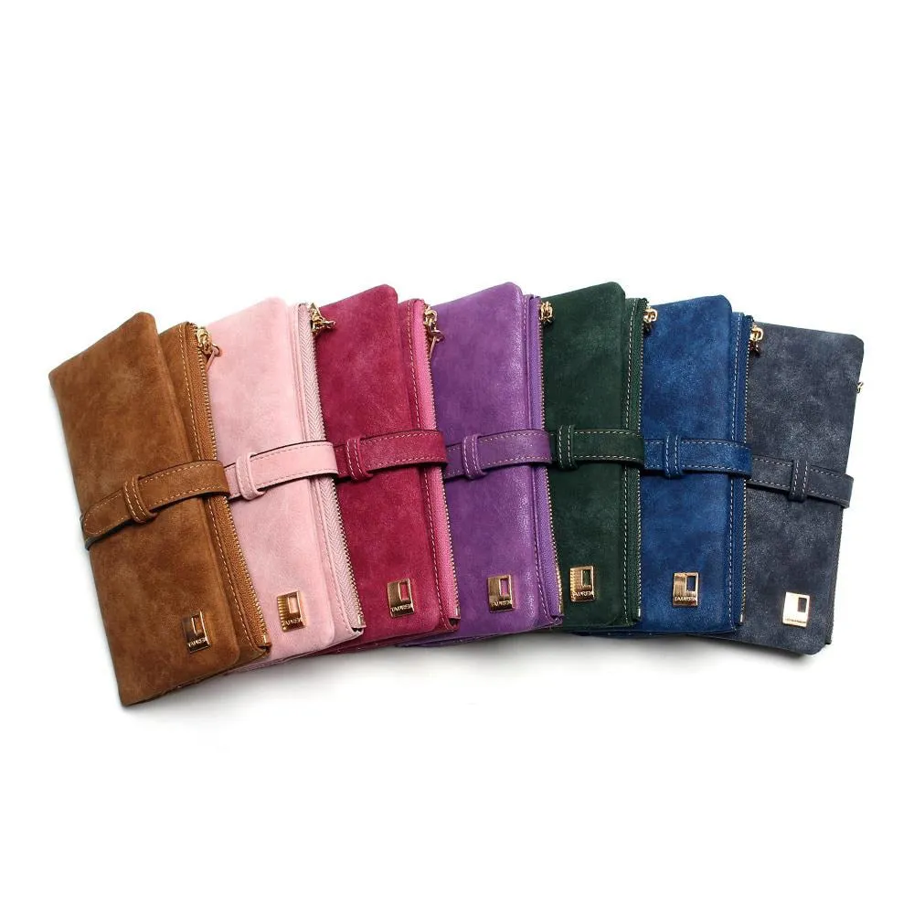 Cheaper!! New Fashion Women Wallets Drawstring Nubuck Leather Zipper Wallet Women&#39;s Long Design Purse Two Fold More Color Clutch