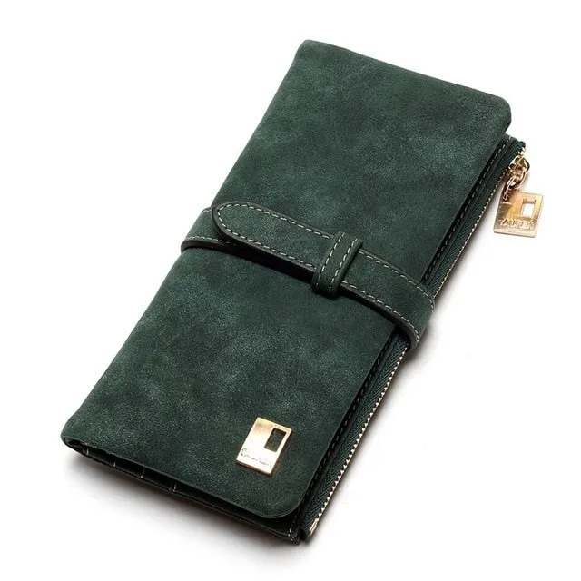 Cheaper!! New Fashion Women Wallets Drawstring Nubuck Leather Zipper Wallet Women&#39;s Long Design Purse Two Fold More Color Clutch