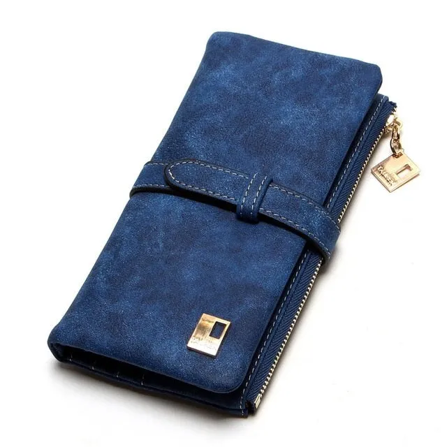 Cheaper!! New Fashion Women Wallets Drawstring Nubuck Leather Zipper Wallet Women&#39;s Long Design Purse Two Fold More Color Clutch