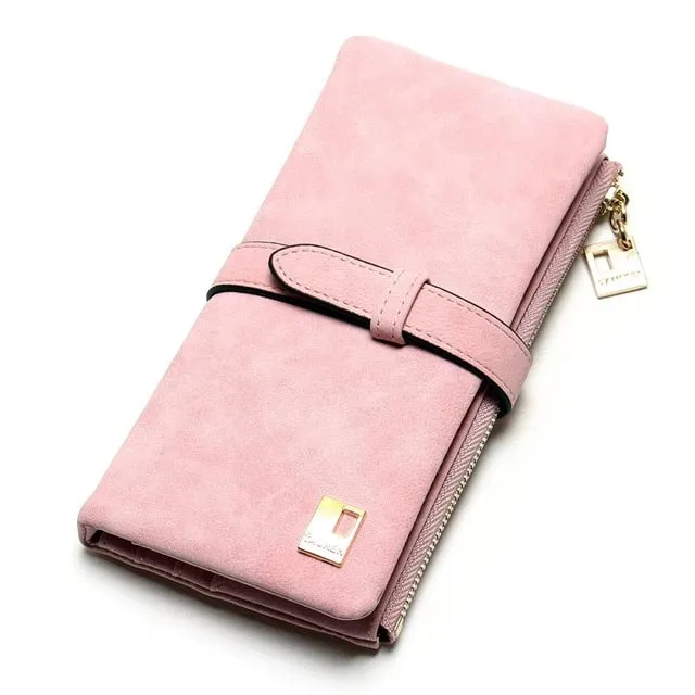 Cheaper!! New Fashion Women Wallets Drawstring Nubuck Leather Zipper Wallet Women&#39;s Long Design Purse Two Fold More Color Clutch