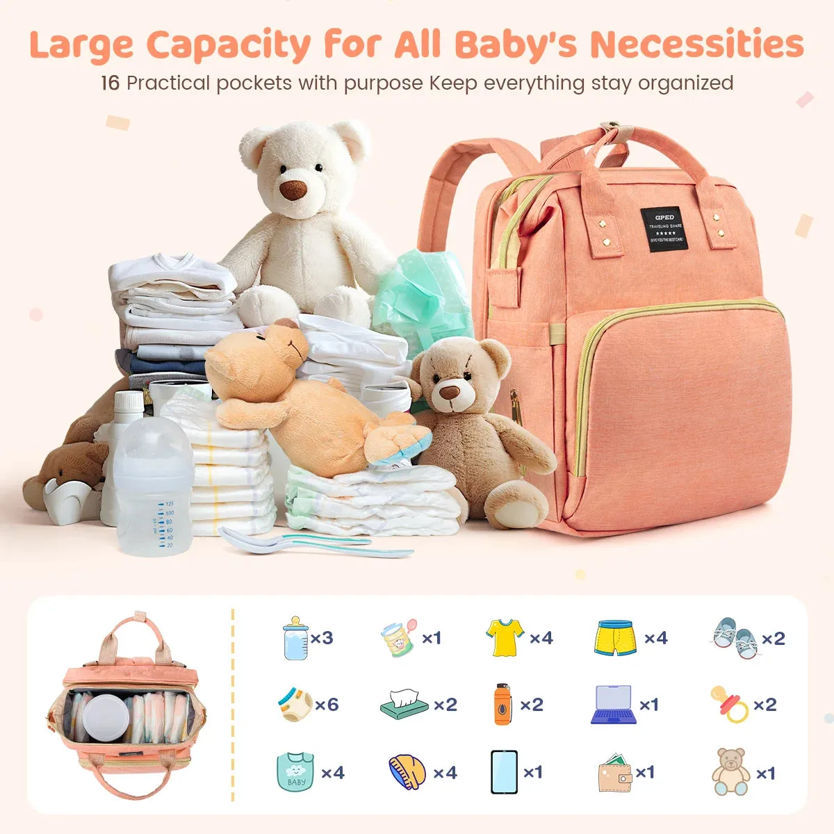 Diaper Bag Backpack, Multifunctional Baby Diaper Bags with Changing Station & Foldable Crib, Large Baby Bag