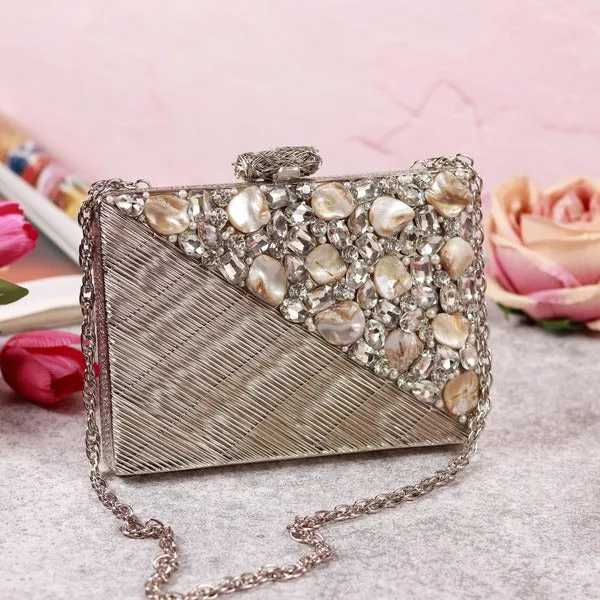 Eira Golden Embellished Brass Clutch