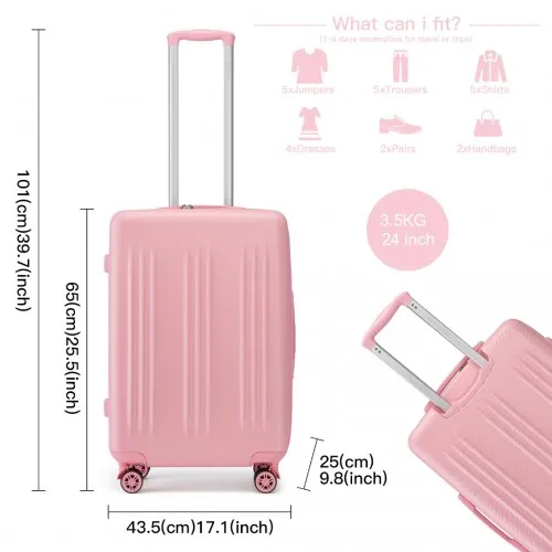 Kono 24 Inch Sleek Striped Pink Check-In Expandable Suitcase - Durable ABS PC Luggage with Four Spinner Wheels & TSA Lock