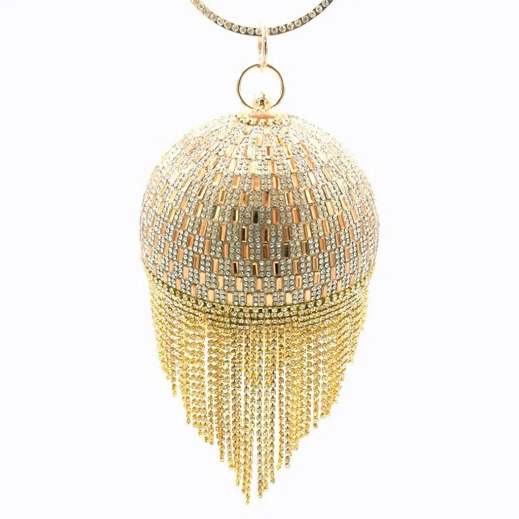 Luxury Rhinestone Embellished Fringe Round Party Clutch - Gold