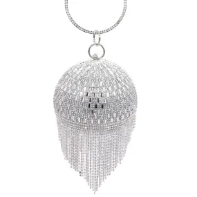 Luxury Rhinestone Embellished Fringe Round Party Clutch - Silver