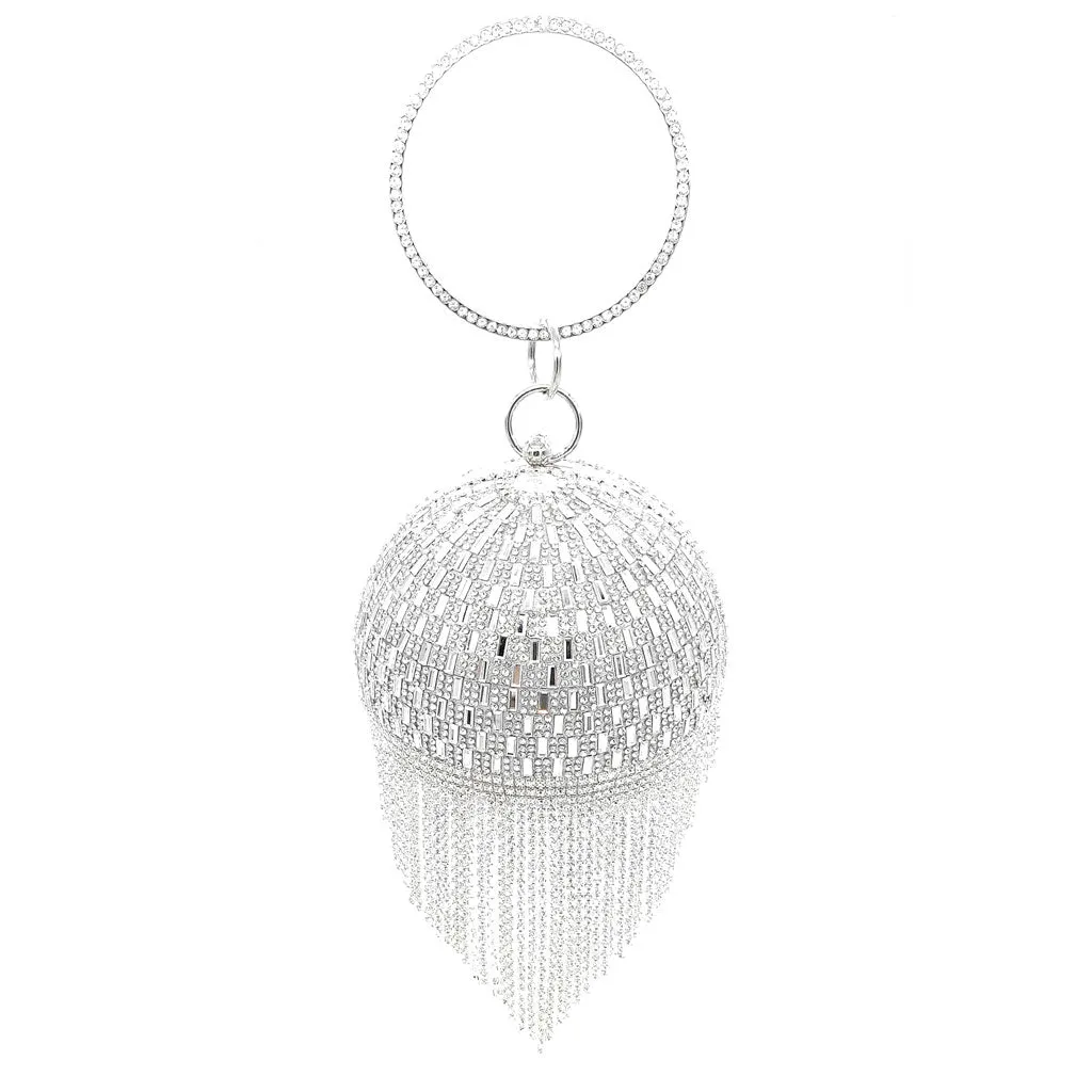 Luxury Rhinestone Embellished Fringe Round Party Clutch - Silver