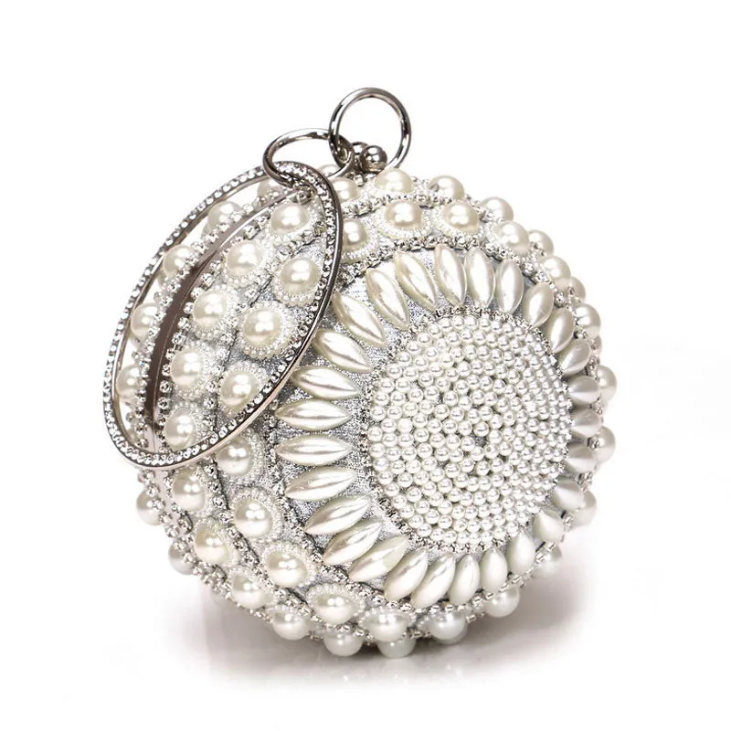 Luxury Rhinestone Embellished Metal Handle Round Pearl Clutch - Silver