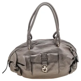 Metallic Grey Leather Gancini Front Pocket Satchel