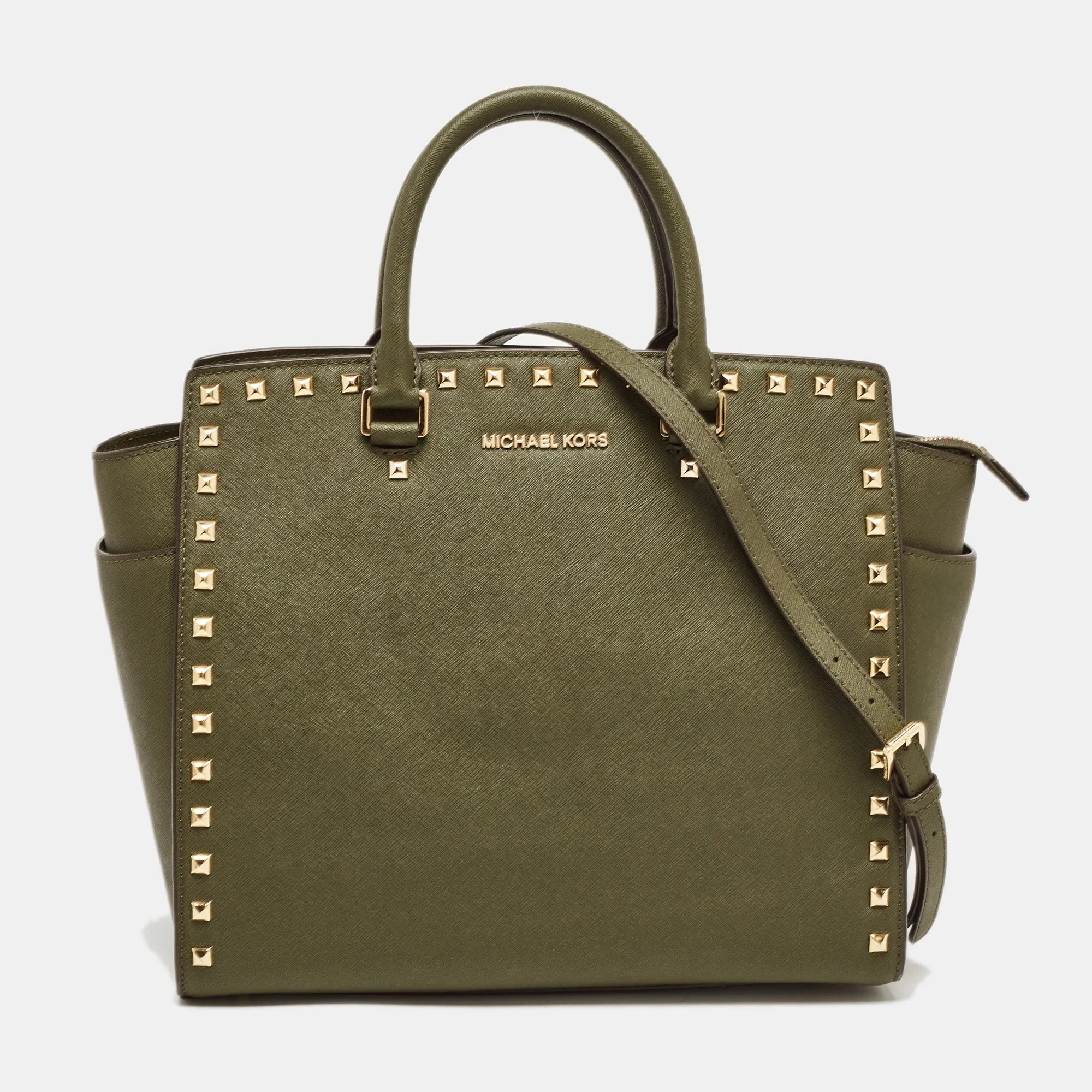 Michael Kors Green Studded Leather Large Selma Satchel