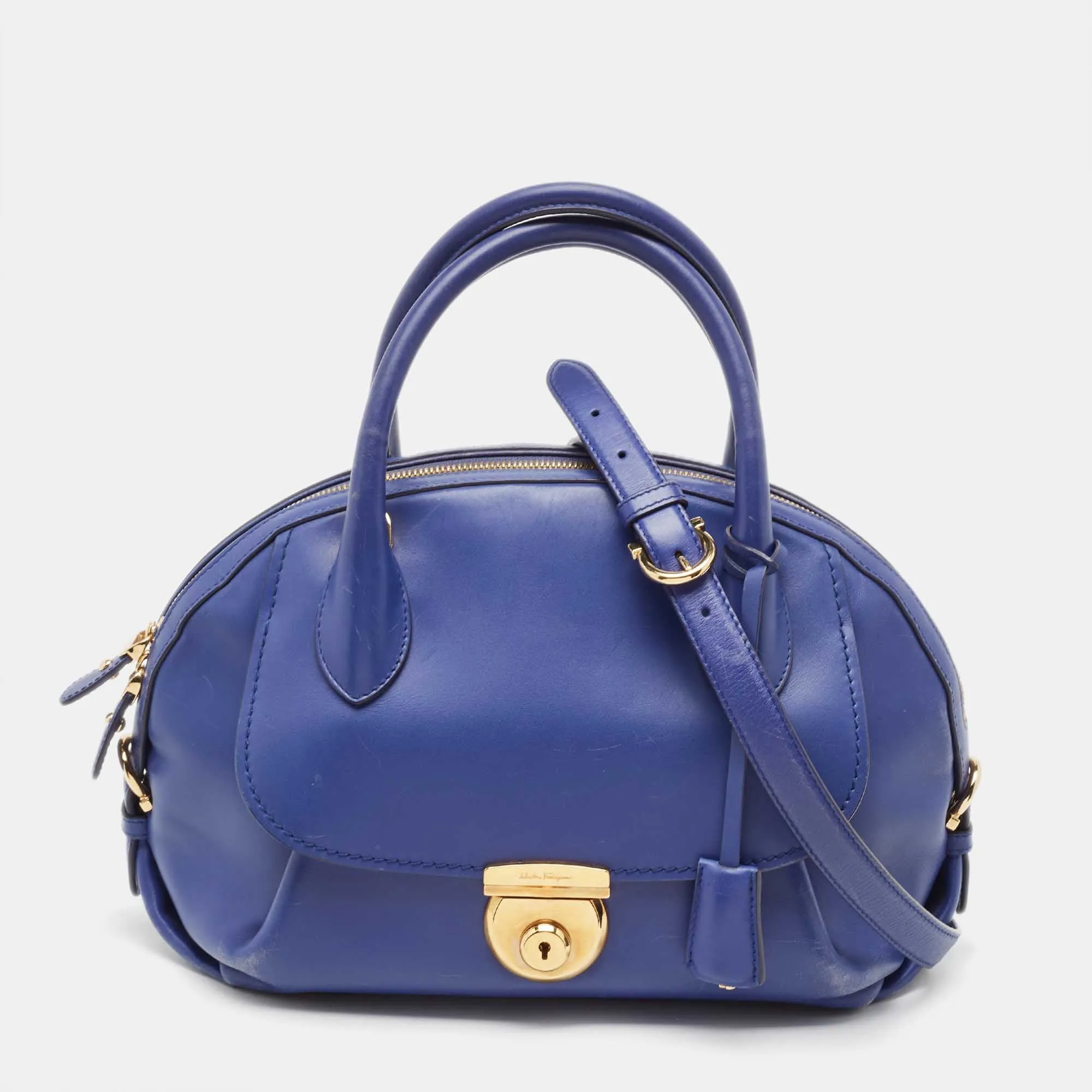 Navy Blue Leather Fiamma Satchel