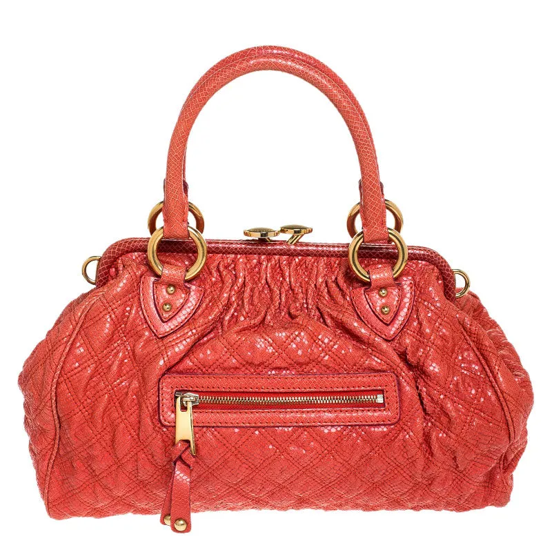 Orange Snake Skin Embossed Leather Stam Satchel