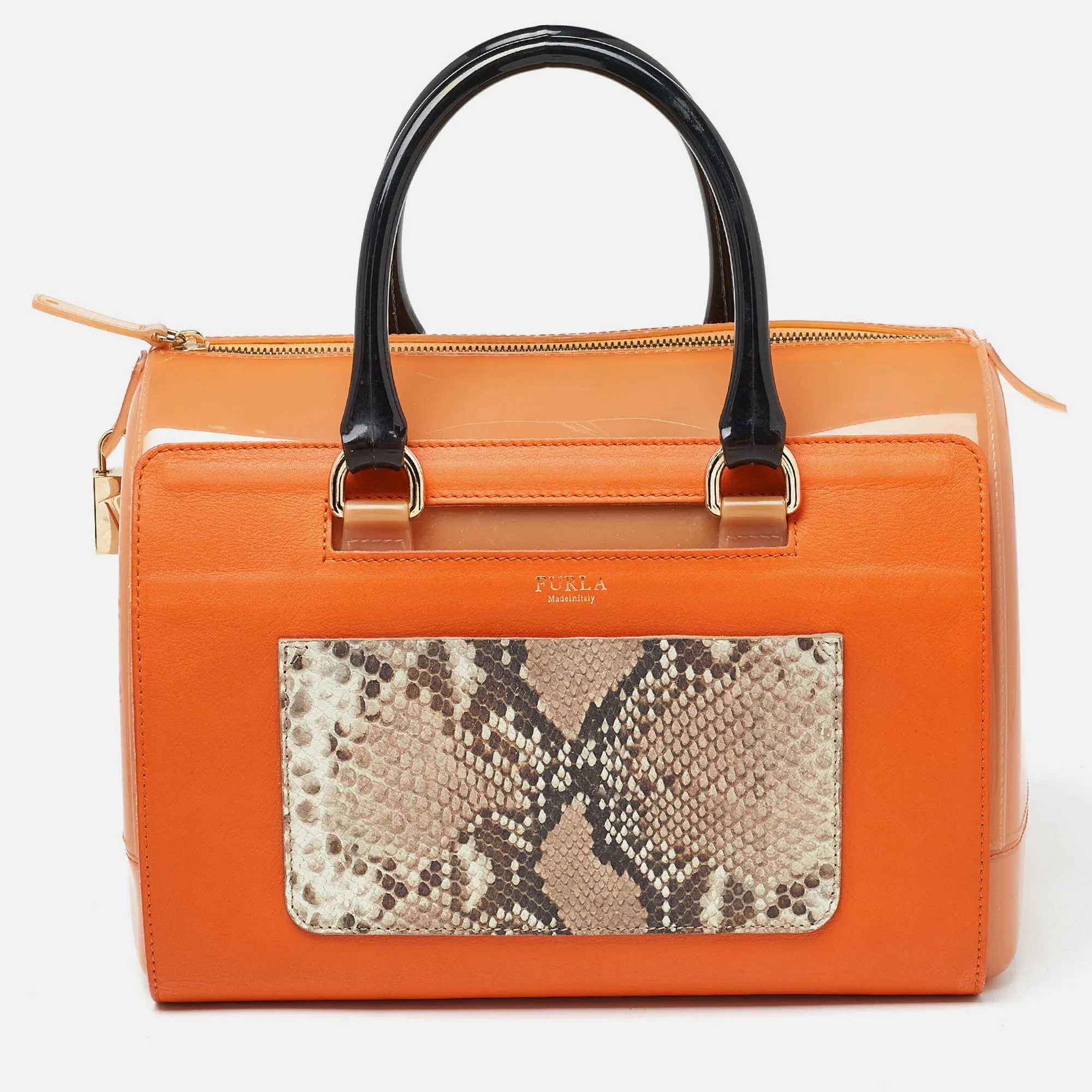 Orange/Brown Rubber and Snakeskin Embossed Leather Candy Satchel