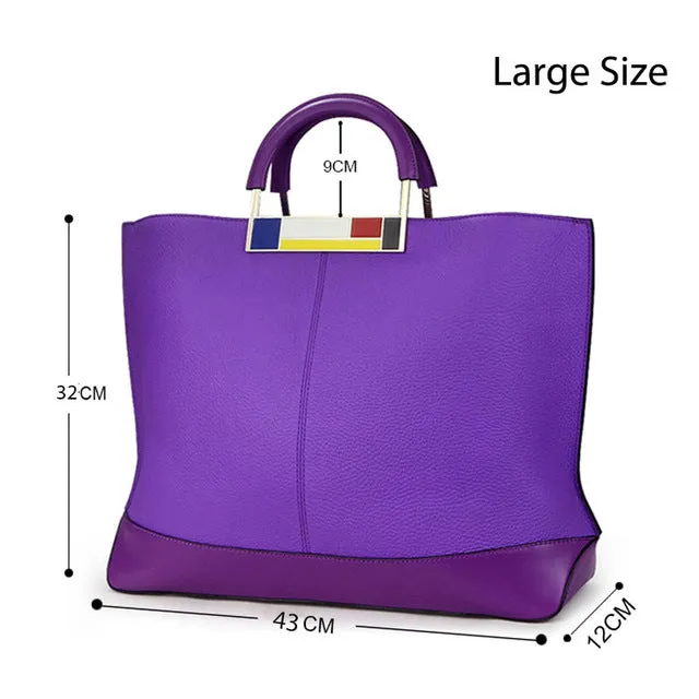 Qiwang Flag Metal Large Tote Bags Purple European Brand Designr Real Leather Women Handbags Roomy Big to Holder Laptop Easy