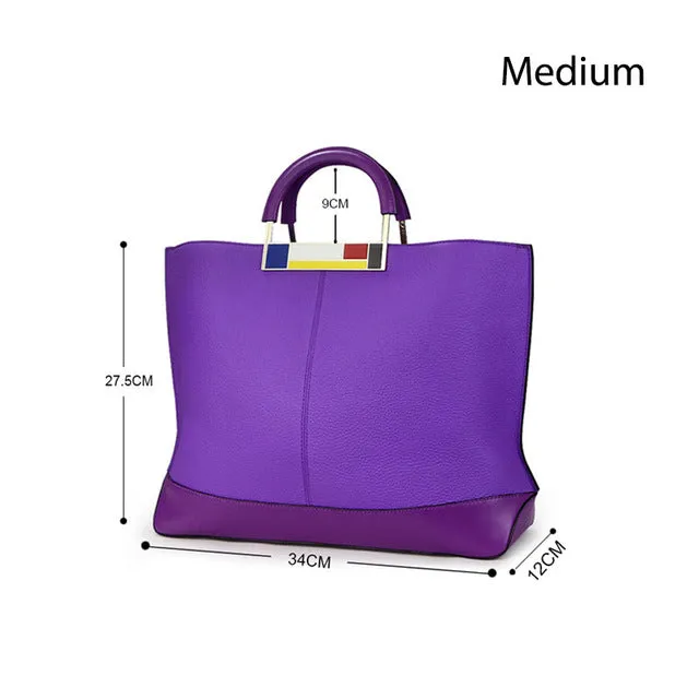 Qiwang Flag Metal Large Tote Bags Purple European Brand Designr Real Leather Women Handbags Roomy Big to Holder Laptop Easy