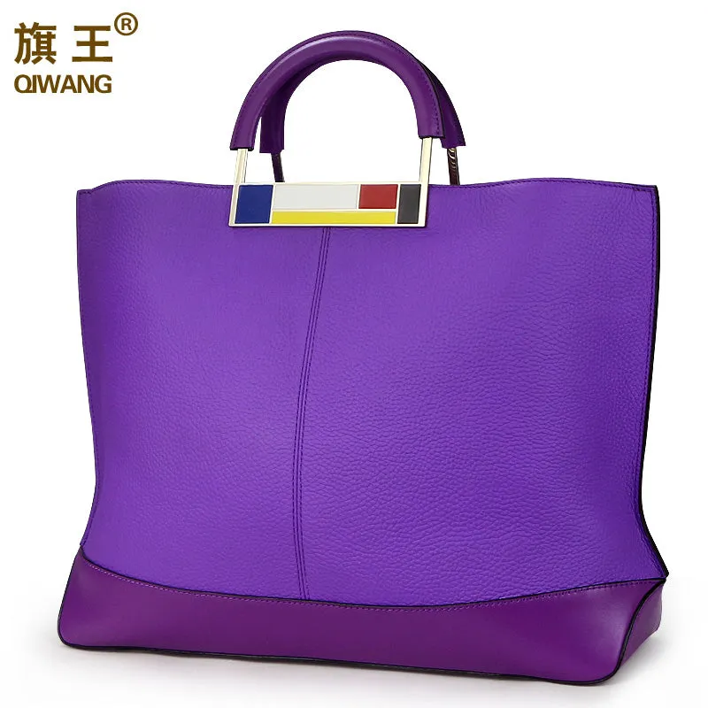 Qiwang Flag Metal Large Tote Bags Purple European Brand Designr Real Leather Women Handbags Roomy Big to Holder Laptop Easy