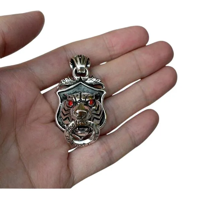 Red Eyes Silver Mens Tiger Pendant