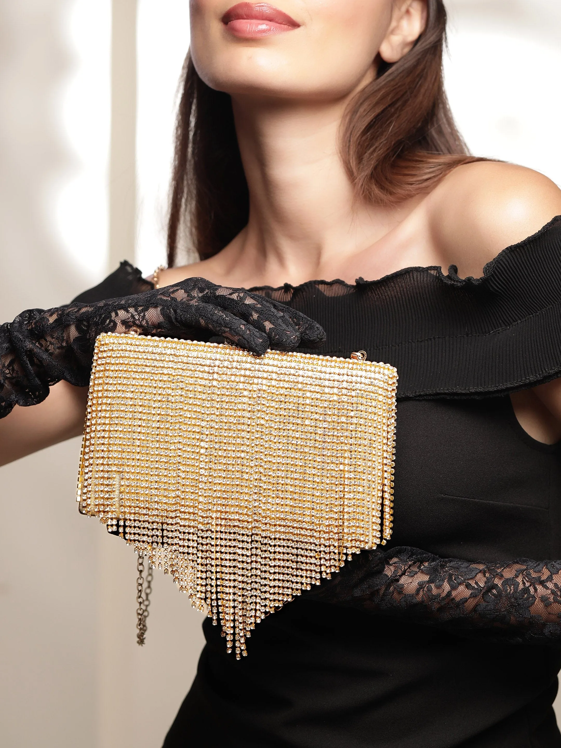 Rubans Cream With Dazzling Crystal Zirconia Embellished Contemporary tassels Clutch handbag