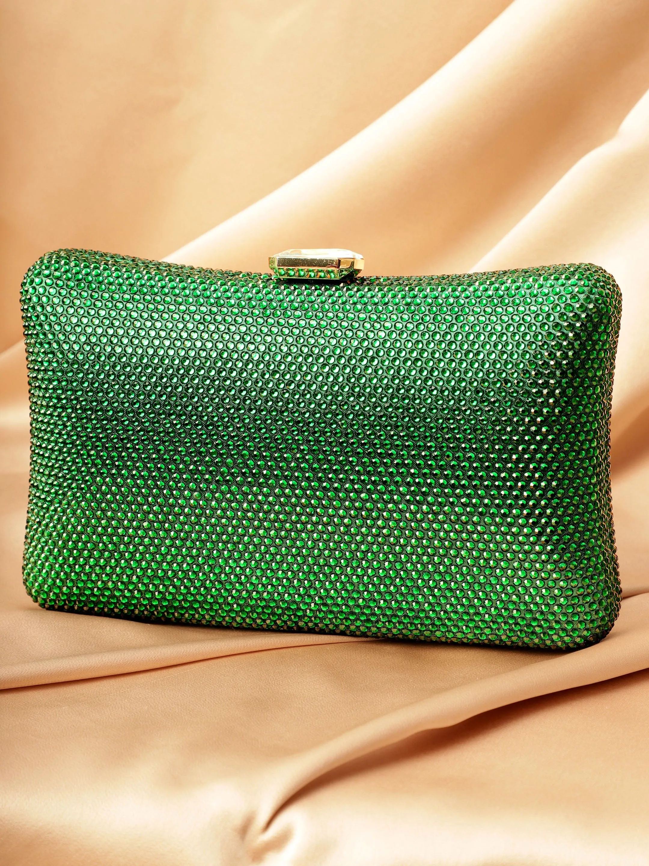 Rubans Green With Dazzling Crystal Zirconia Embellished Contemporary Clutch handbag