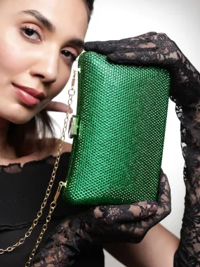 Rubans Green With Dazzling Crystal Zirconia Embellished Contemporary Clutch handbag