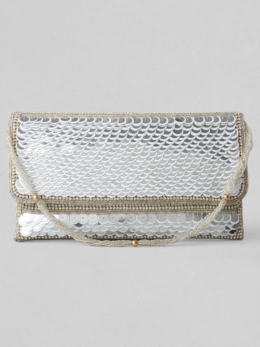 Rubans Silver Colour Clutch With Embroided Silver Design.