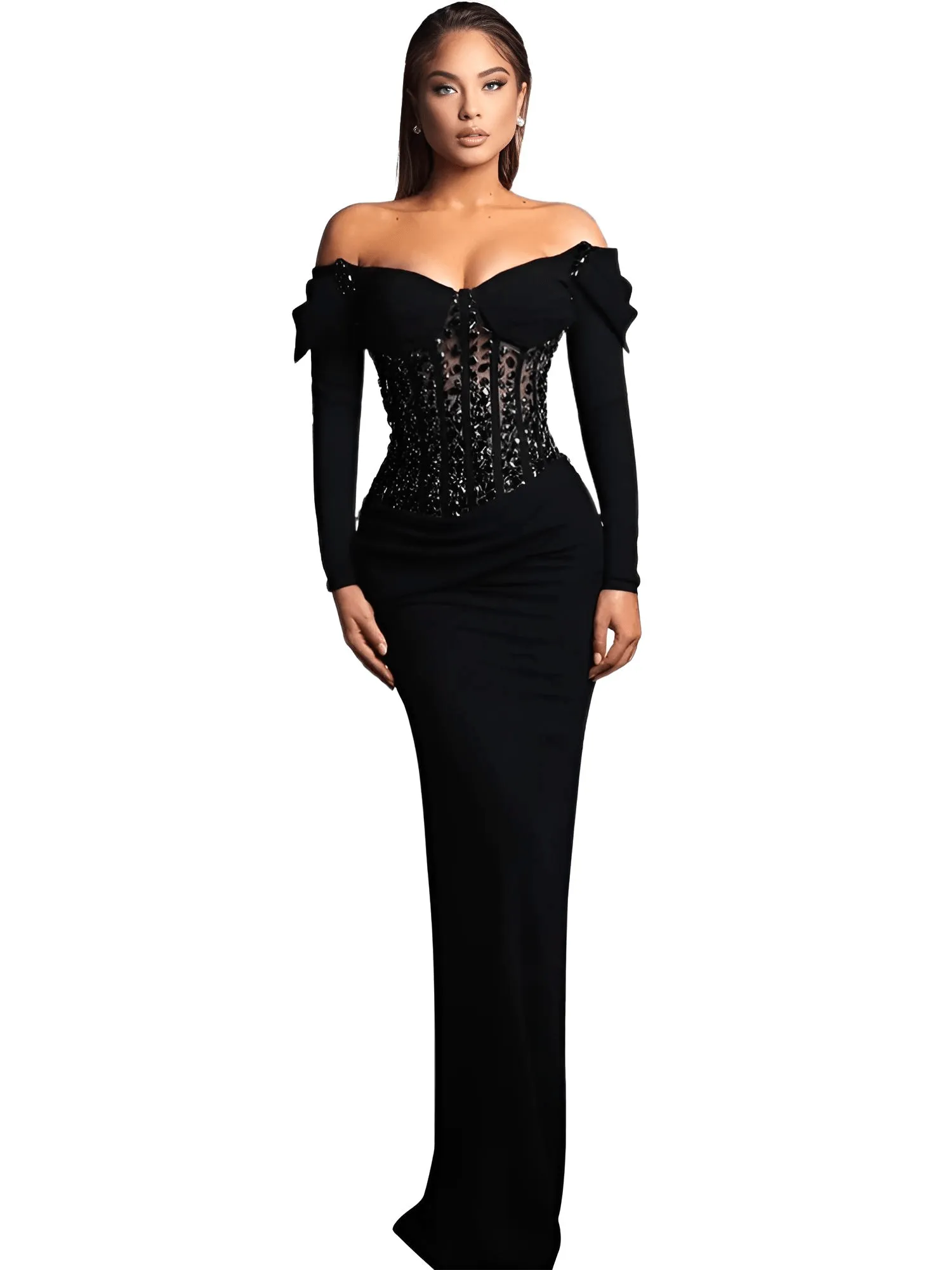 Sexy Black Crystal Gown Black Long Sleeve Evening Dresses Black Prom Gown Corset Off The Shoulder Satin Surface Shining Sequins Dress