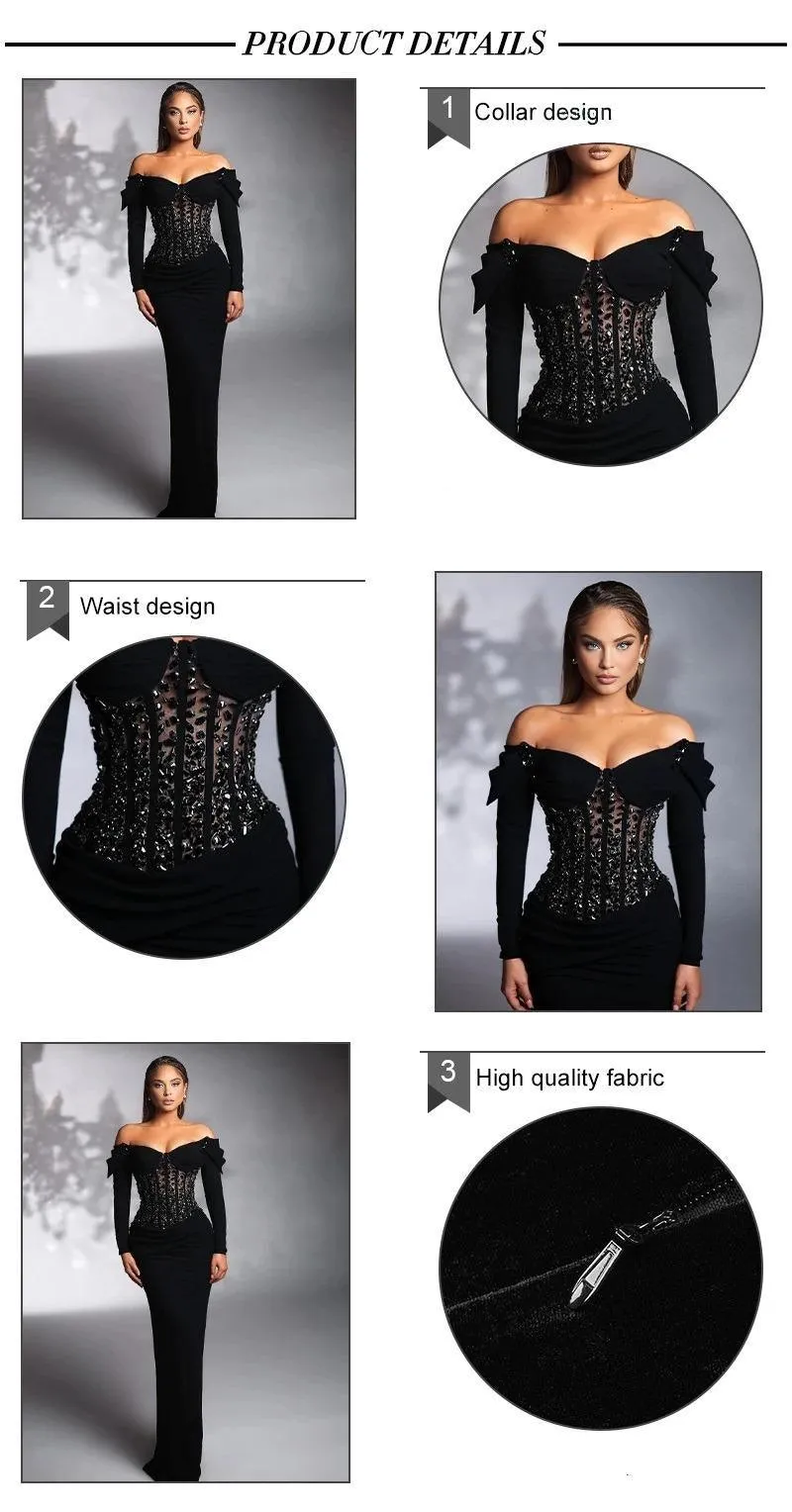 Sexy Black Crystal Gown Black Long Sleeve Evening Dresses Black Prom Gown Corset Off The Shoulder Satin Surface Shining Sequins Dress