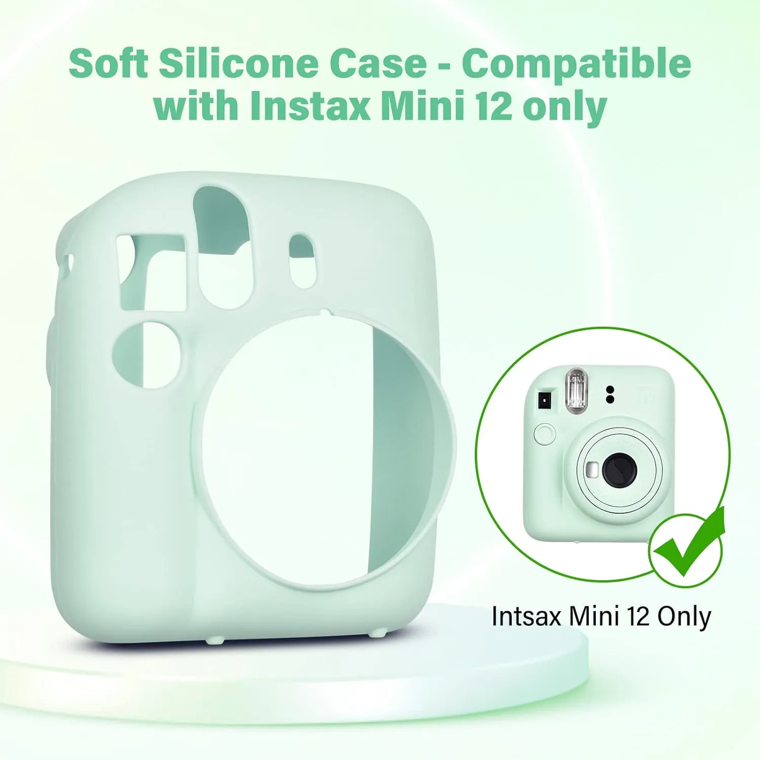 Silicone Case for Fujifilm Instax Mini 12 Instant Camera Case |Soft Protective Camera Cover with Adjustable Shoulder Strap - Mint Green